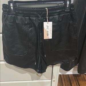 Black Leather Shorts with Elastic Waistband